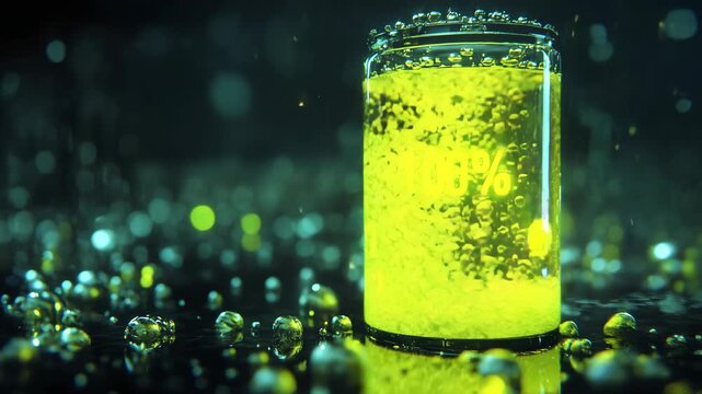 Futuristic glowing battery container showing full energy level with green liquid and light particles power sustainability renewable energy material technology in a high tech digital ecology resource