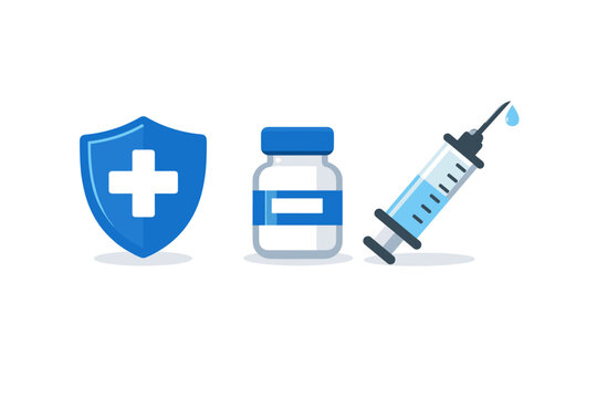 Medical Vaccination and Immunization Concept Vector Illustration with Blue Shield, Medicine Vial, and Syringe for Healthcare Protection, Disease Prevention, and Clinical Medicine Design.