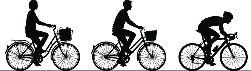 Fototapeta premium Silhouettes of cyclists on city and road bikes with baskets and racing posture representing different cycling styles