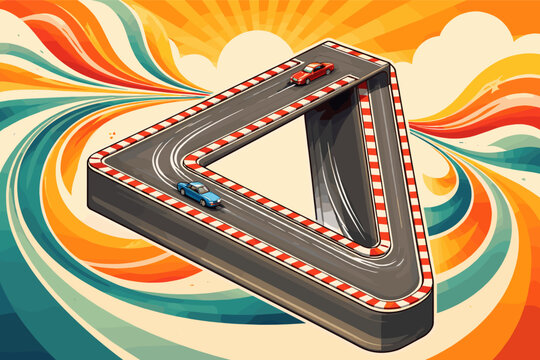 Retro Vector Illustration of an Impossible Penrose Triangle Racing Track with Red and Blue Cars. Surreal Optical Illusion Circuit on a Vibrant Psychedelic Background with Swirling Colors and Sun.