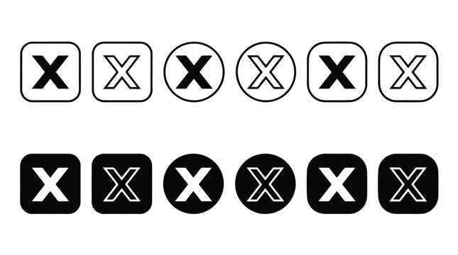 Set of X logo icons for social media interface. New Twitter rebranding symbols by Elon Musk in black and white colors. Square and circle buttons for web and app design. Vector illustration.