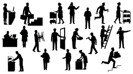 Fototapeta premium Hotel staff silhouettes showing hospitality industry workers and service roles | Professional hotel management and housekeeping icons set vector illustration