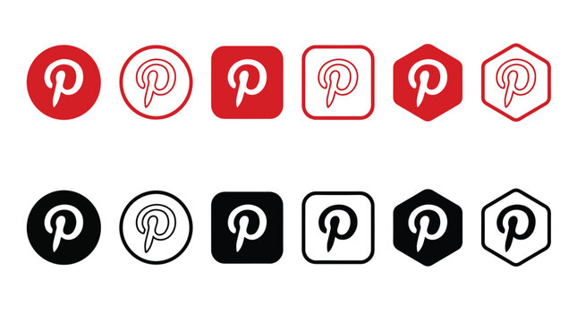 Pinterest icon logo red and black vector set. Various shapes including circle, rounded square, and hexagon button symbols for social media marketing, web design, and interface development.