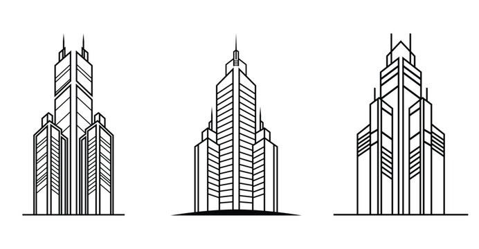 Modern Skyscraper Building Logo Set Vector Black And White Corporate Architecture Design