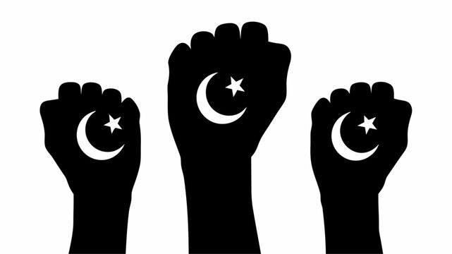 Three raised fists with pakistan flag silhouettes on white background symbolizing solidarity and patriotism