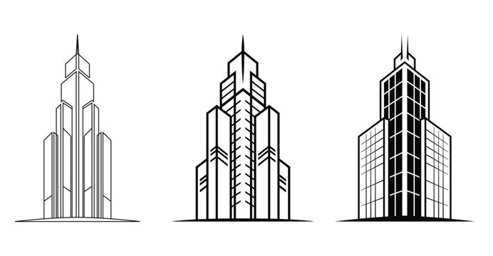 Modern Skyscraper Building Logo Set Vector Black And White Corporate Architecture Design