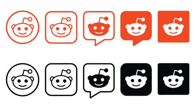Set of popular social media reddit logos in various styles and shapes. Reddit icon set in orange and black colors including circle, rounded square, speech bubble, and square editorial vector
