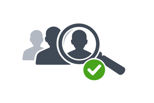 Recruitment icon vector illustration for human resources. People search with magnifying glass and green checkmark. Candidate selection, hiring process, talent acquisition, headhunting, job search.