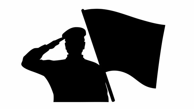 Soldier saluting with waving flag in silhouette symbolizing patriotism and national pride on white background