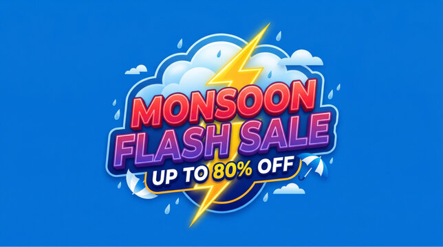 Monsoon flash sale banner with yellow thunder bolt and clouds on blue rainy background for seasonal shopping discount and retail marketing design
