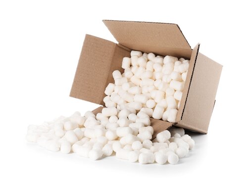 Cardboard box with styrofoam pieces isolated on white