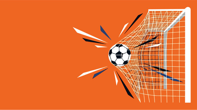 Soccer ball hitting net and bursting through goal, dynamic action, orange background