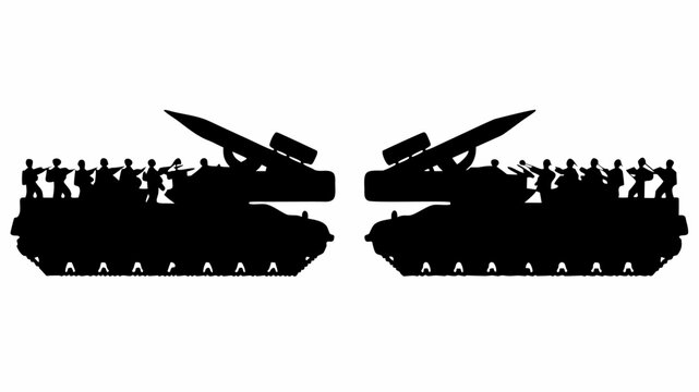 Silhouette of military parade with missile launchers and soldiers on tanks black icons on white background