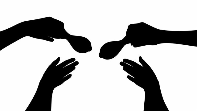 Hands giving meat to poor people in silhouette representing charity and kindness