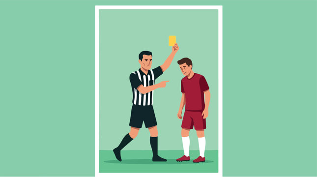 Referee showing yellow card to player during soccer match on field for penalties and fair play scene