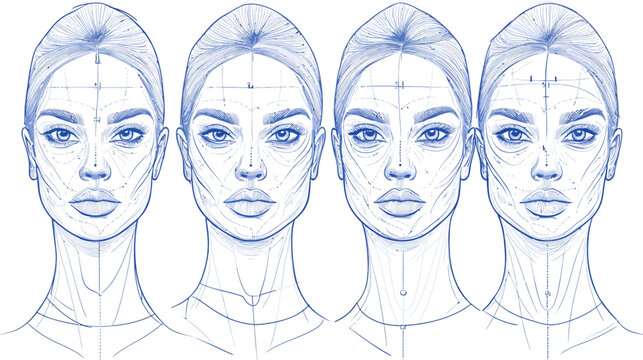 A composite illustration of faces, showing lines for facial mapping