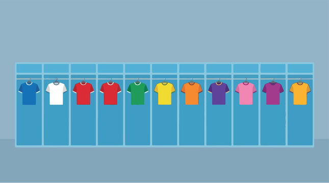 Row of colorful soccer jerseys hanging in locker room for team sports equipment flat vector design