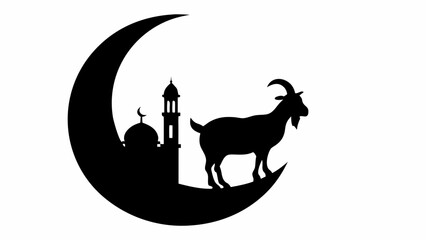 Naklejka premium Crescent moon silhouette with mosque and goat standing on lunar surface black icon on white background