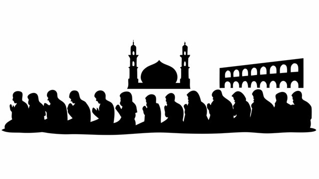 Silhouette of people praying in a mosque courtyard at dusk with arches and domes