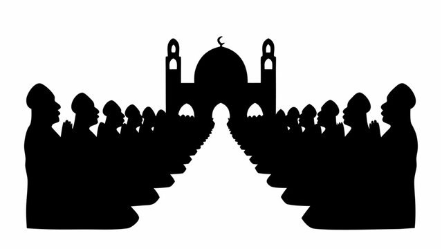 Silhouette of people praying in mosque courtyard at sunset islamic architecture background