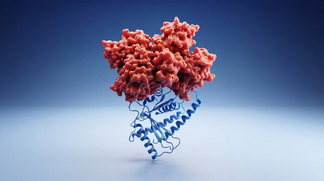 Intricate protein molecule structure with complex folding, representing biological science and research.