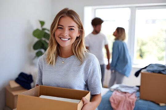 Young woman carries a box while parents talk in the background