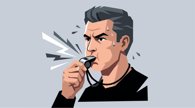 Intense male soccer referee blowing whistle with sweat dripping, signaling foul or start