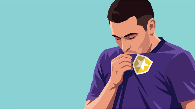 Male soccer player kissing team crest on purple jersey celebrating goal victory flat style vector