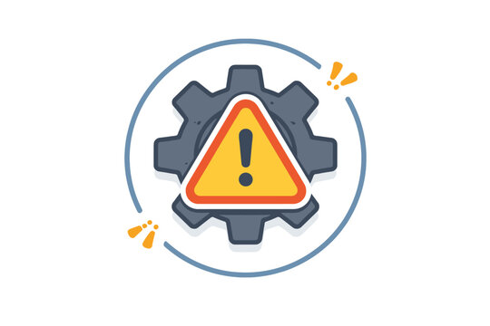 System Warning Gear Icon with Warning Triangle and Exclamation Mark in Circular Outline. Settings Alert Symbol for Error Configuration, Technical Problem, Maintenance, and Software Glitch.