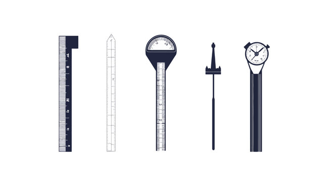 Stylized Illustration of five measuring tools ruler, scale, meter, sword, and time-measuring device