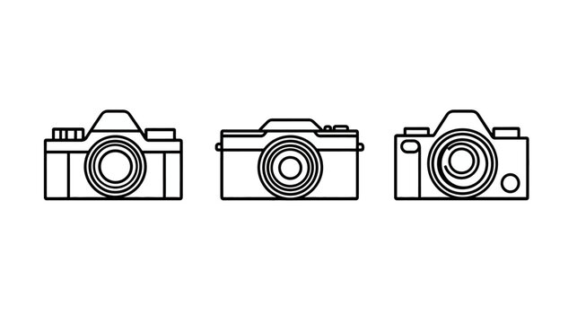 Three line art camera illustrations arranged horizontally, against a stark white backdrop