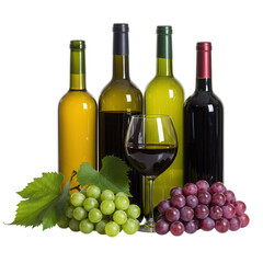 Obraz premium Wine bottles with grapes and glass isolated on transparent background