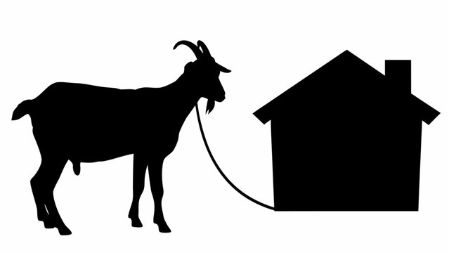 Goat tied to house silhouette rural eid celebration symbol black icon on white background