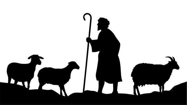 Shepherd with livestock walking on hillside at sunset silhouette pastoral scene