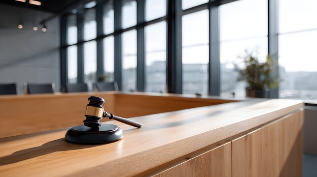Empty judges bench viewed from a wide angle with large windows letting in light