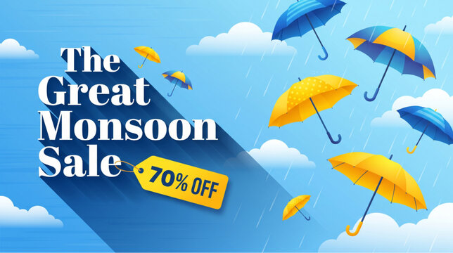 The great monsoon sale banner with flying yellow umbrellas and price tag on blue sky background for seasonal shopping discount poster design
