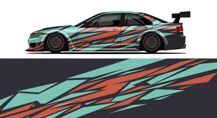 Obraz premium Side profile of a stylized race car with teal and red geometric livery and aerodynamic graphics.