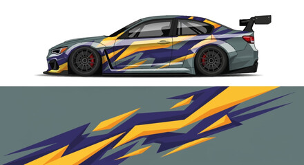 Obraz premium High-speed race car with blue and yellow flame graphics in dynamic design and sports livery.