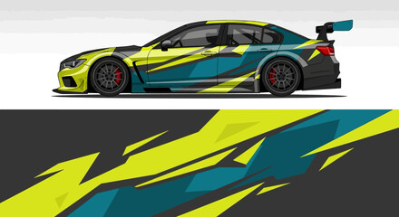 Obraz premium Colorful race car with bold blue and yellow graphics on white background.