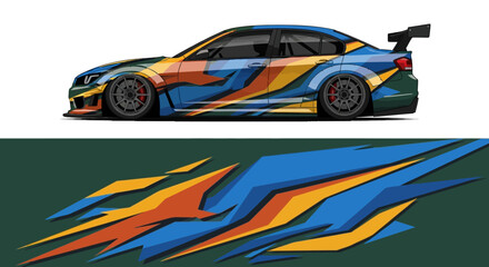 Fototapeta premium Side view of a race car with bold blue and orange graphic livery and abstract decal design.