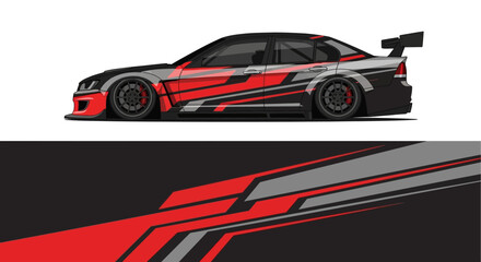 High speed race car with red and black livery on a dark track background. © Lailatul