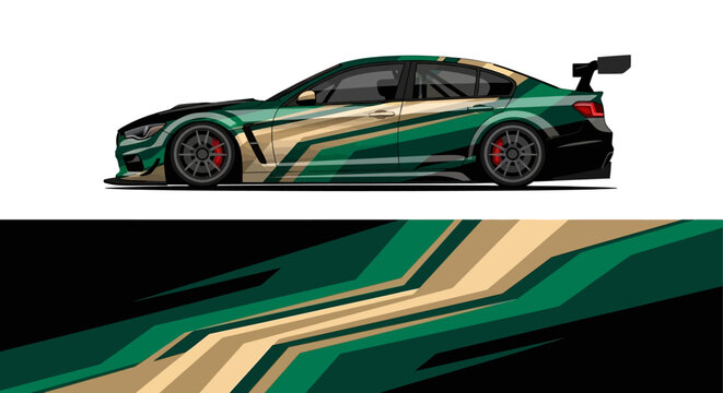 Stylized green and gold sports car with bold geometric stripes and sleek design.