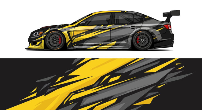 High-speed yellow and black race car with dynamic graphic design livery exploring motion and power during a race.