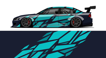Fototapeta premium Sleek blue and turquoise geometric race car with bold patterns and aero design.