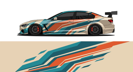 Obraz premium Side view of a race car with bold blue orange teal livery.
