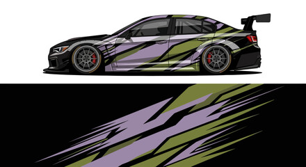 Obraz premium High-speed race car with bold purple lime livery and dynamic flame design.