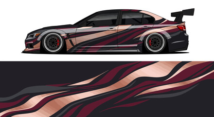 Sleek stylized race car with flowing maroon and bronze graphics and aerodynamic spoiler. © Lailatul