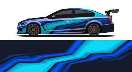 Obraz premium Blue Sports Car with Graphic Stripes and Sleek Aerodynamic Design.