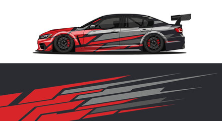 Naklejka premium Side Profile of a Modern Race Car with Dynamic Red Graphics on a Dark Track.