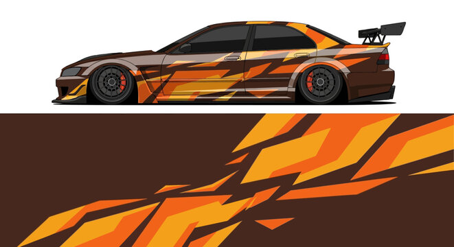 Stylized orange and black race car speeding across abstract split background.